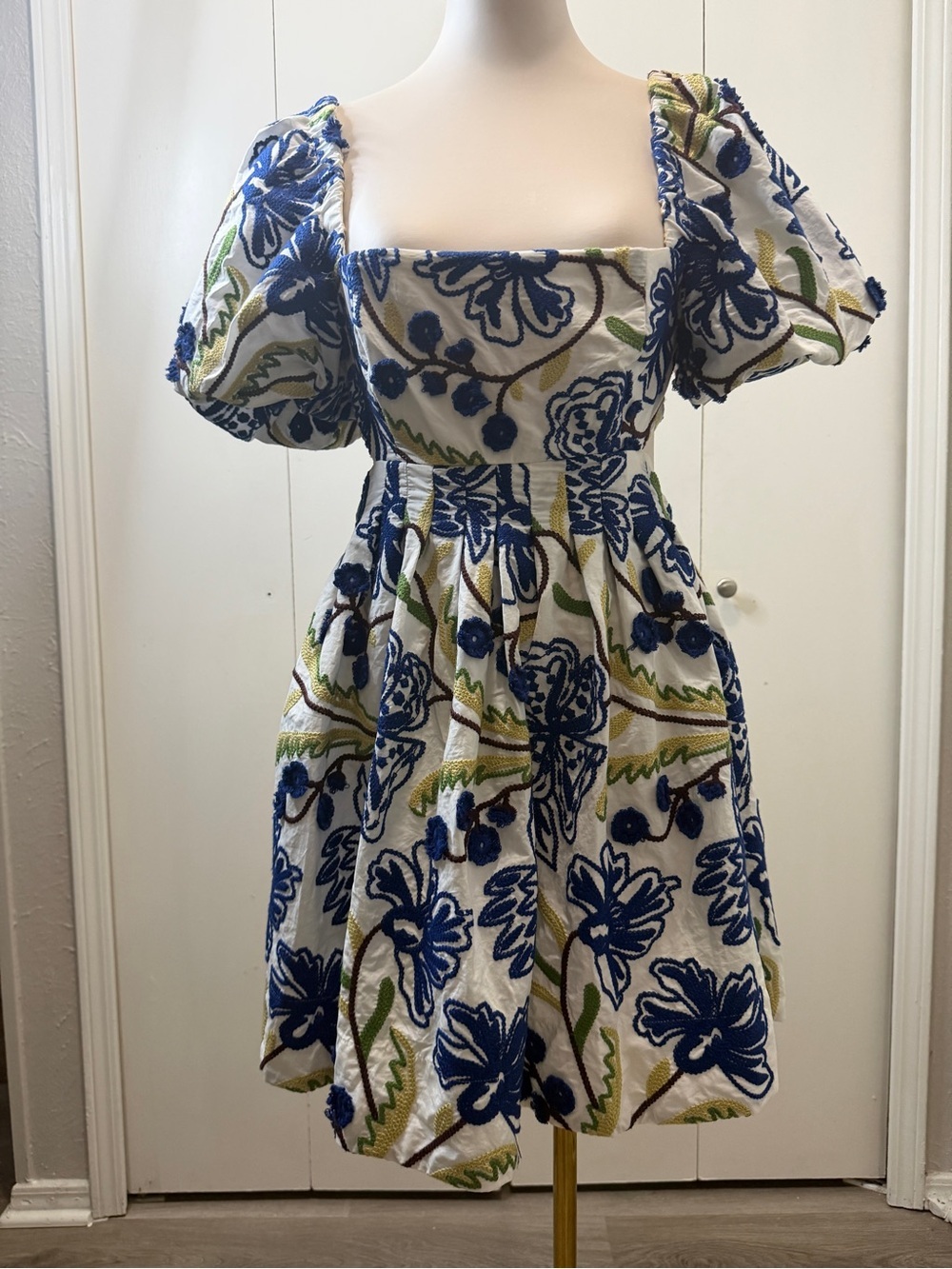 Anthropologie White Mini Dress with Blue Floral Embroidery - Picture 3 of 8